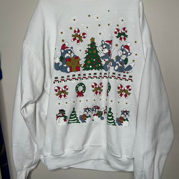 White vintage 90s 1990s Christmas cat kitten crewneck sweatshirt 2XL - Picture 3 of 6